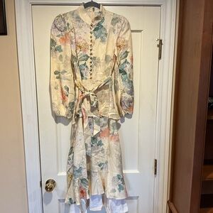 NWOT Zimmermann Illuminate Floral Long-Sleeve Linen Dress, Size AU 2 M